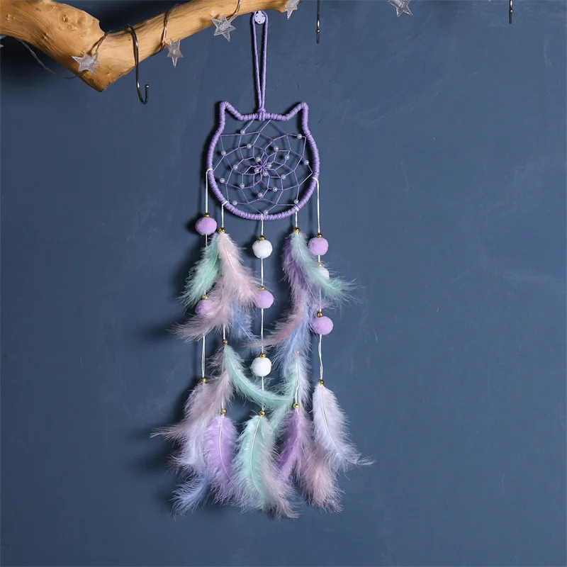 Pink Cat Lace Pompom Ball Dreamcatcher Ornament Girl Bedroom Decoration Feather Dream Catcher Wind Chimes Wall Hanging Pendent