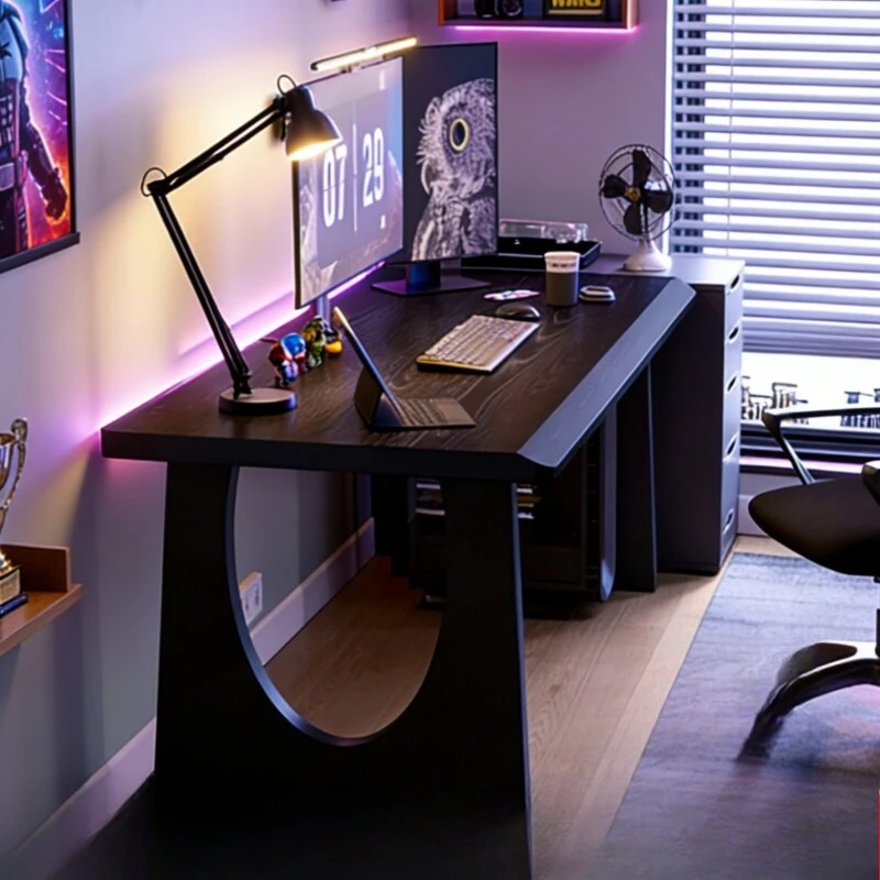 Black solid wood e-sports table, double computer table, desktop home desk, e-sports room, couple two-person desk