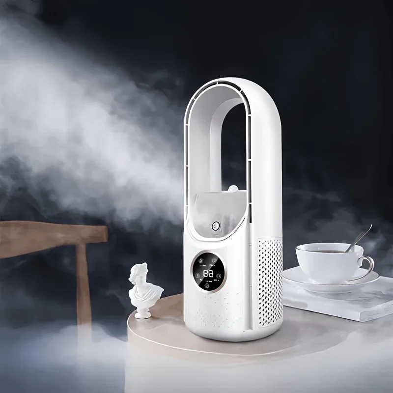 6-speed humidification and cooling LED display screen, portable bladeless air conditioning fan Usb, suitable for office bedrooms