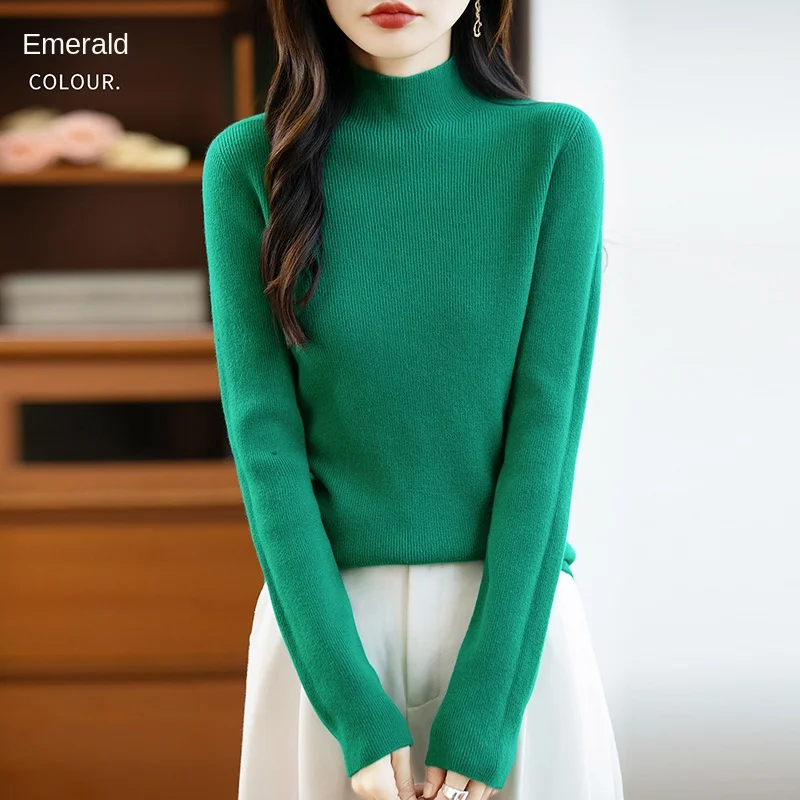 25 الخريف والشتاء جديد 100% آندي المخملية محبوك نصف الارتفاع سليم صالح رداء علوي من الصوف للنساء بأكمام طويلة الدافئة عالية تمتد