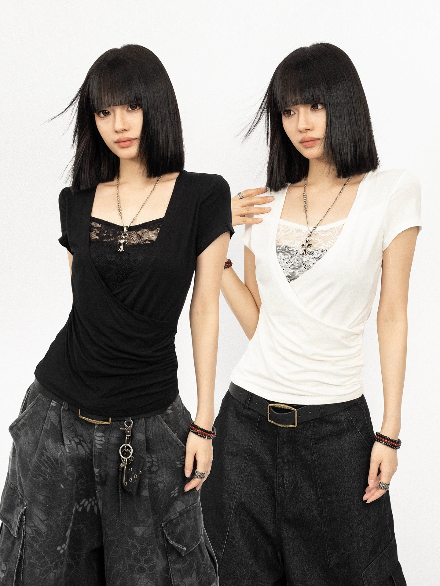 OCTTFLAB Lace Splice Short Sleeve T-Shirt Women's Summer Slim Fit High Intelligence Black Top Simple Style Square Collar