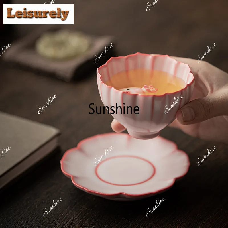 Pig Oil Jelly Powder Ru Kiln Petal Teacup Ancient Tea Bowl Cup For Tea Tea-tasting Fragrance Cup Jianzhan Master Cups Saucer