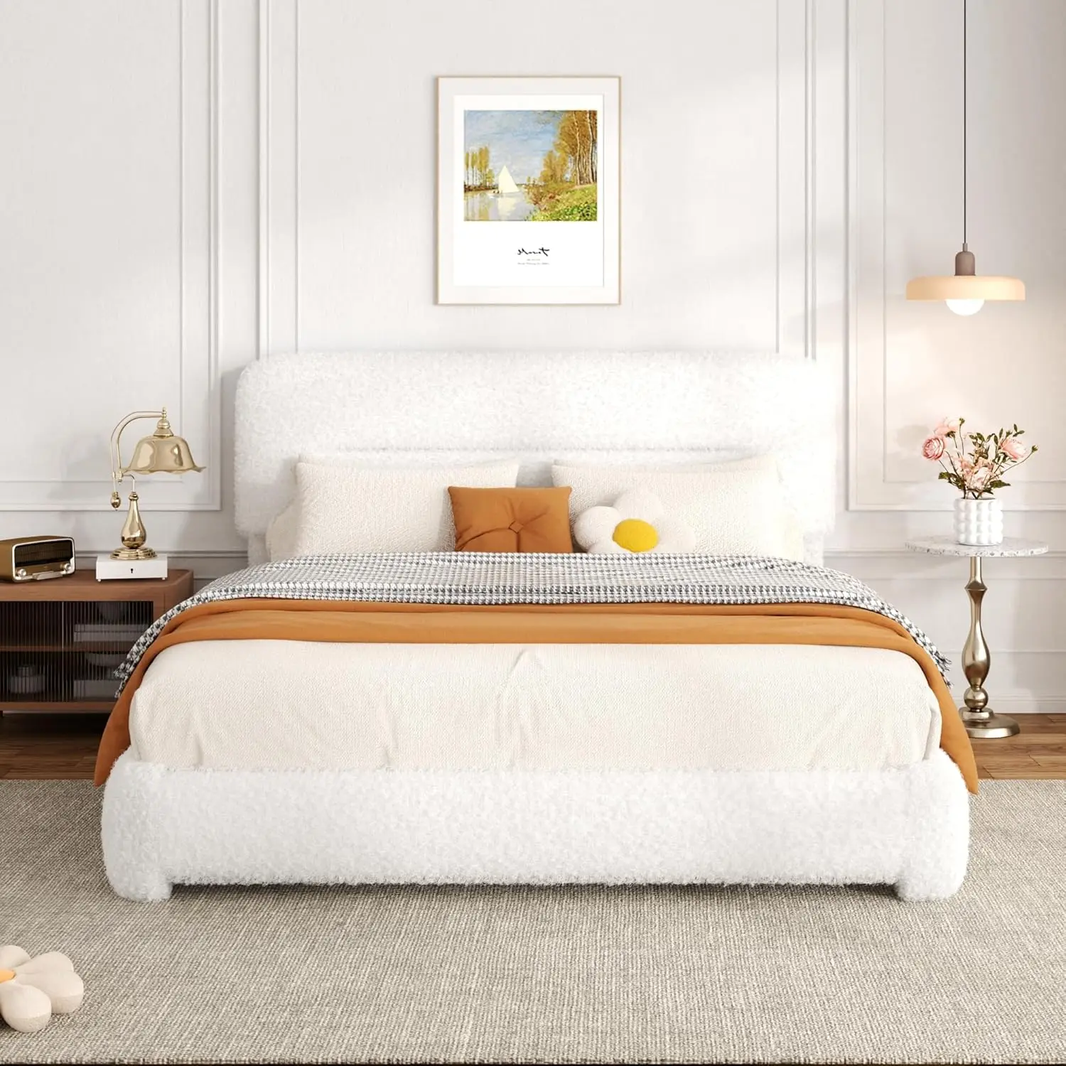 #Full Upholstered Platform Bed Frame Adjustable Headboard Wood Slat Support Noise-Free No Box Spring White Customized