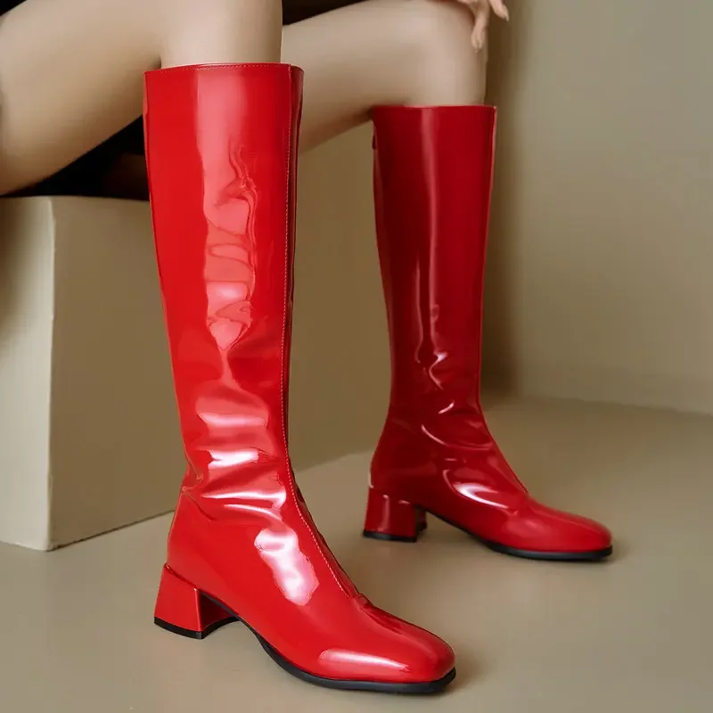 

Casual Patent PU Leather Plus Size 33-46 Round Toe Square Chunky High Heel Red White Black Knee-high Western Cowboy Women Boots