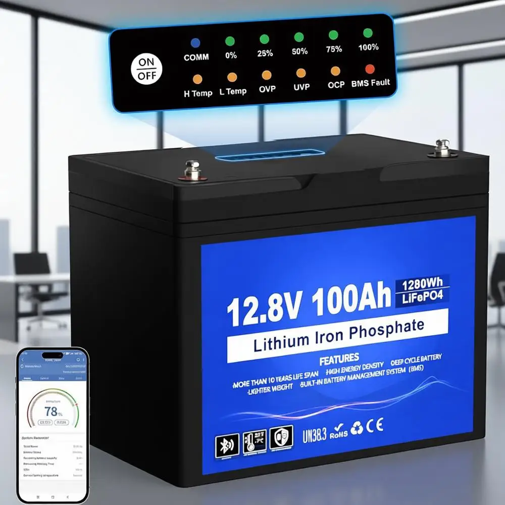 

Аккумулятор LiFePO4 12 В, 100 Ач с SOC, Bluetooth, защита от низких температур, интеллектуальный BMS для автофургонов, морской пехоты