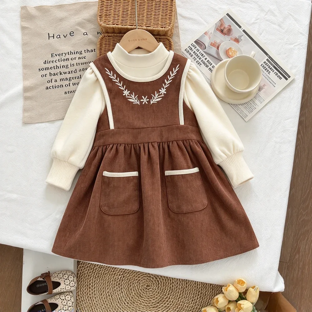 Korean Plain Color Children's Clothing Girls Spring and Autumn Coffee Colored Vest Pocket Dress + Beige Long Sleeved T-shirt Top