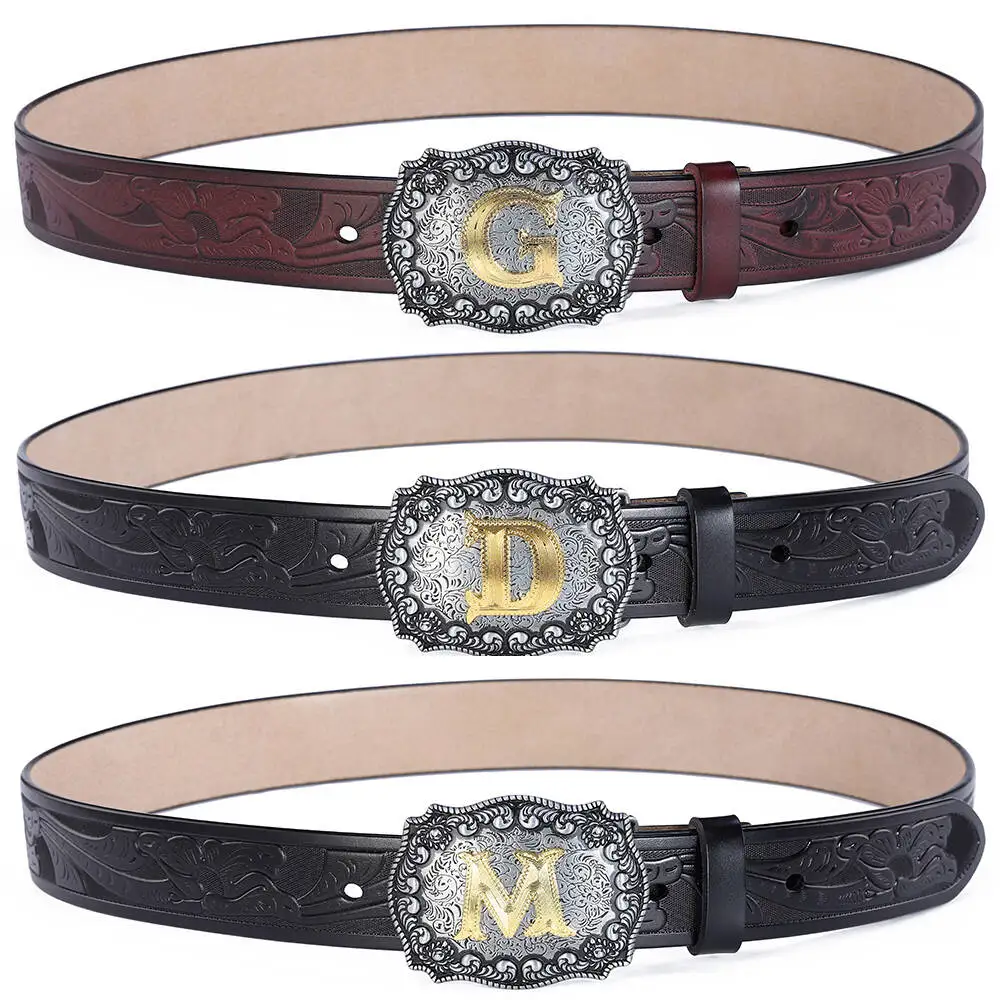 Western เข็มขัดผู้ชายเข็มขัดหนังแท้สําหรับผู้ชายผู้หญิงคาวบอย Cowgirl ตัวอักษรขนาดใหญ่หัวเข็มขัดทองชายเข็มขัดยาวสีดําสีน้ําตาลคุณภาพ