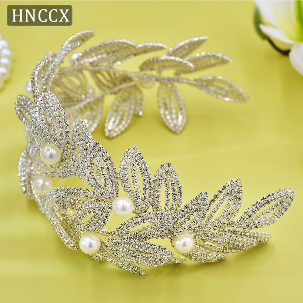 

HNCCX Shiny Rhinestone Leaves Headband Bridal Wedding Pearls Headwear Handmade Crystal Beaded Bride Headpiece Woman Gifts CP411