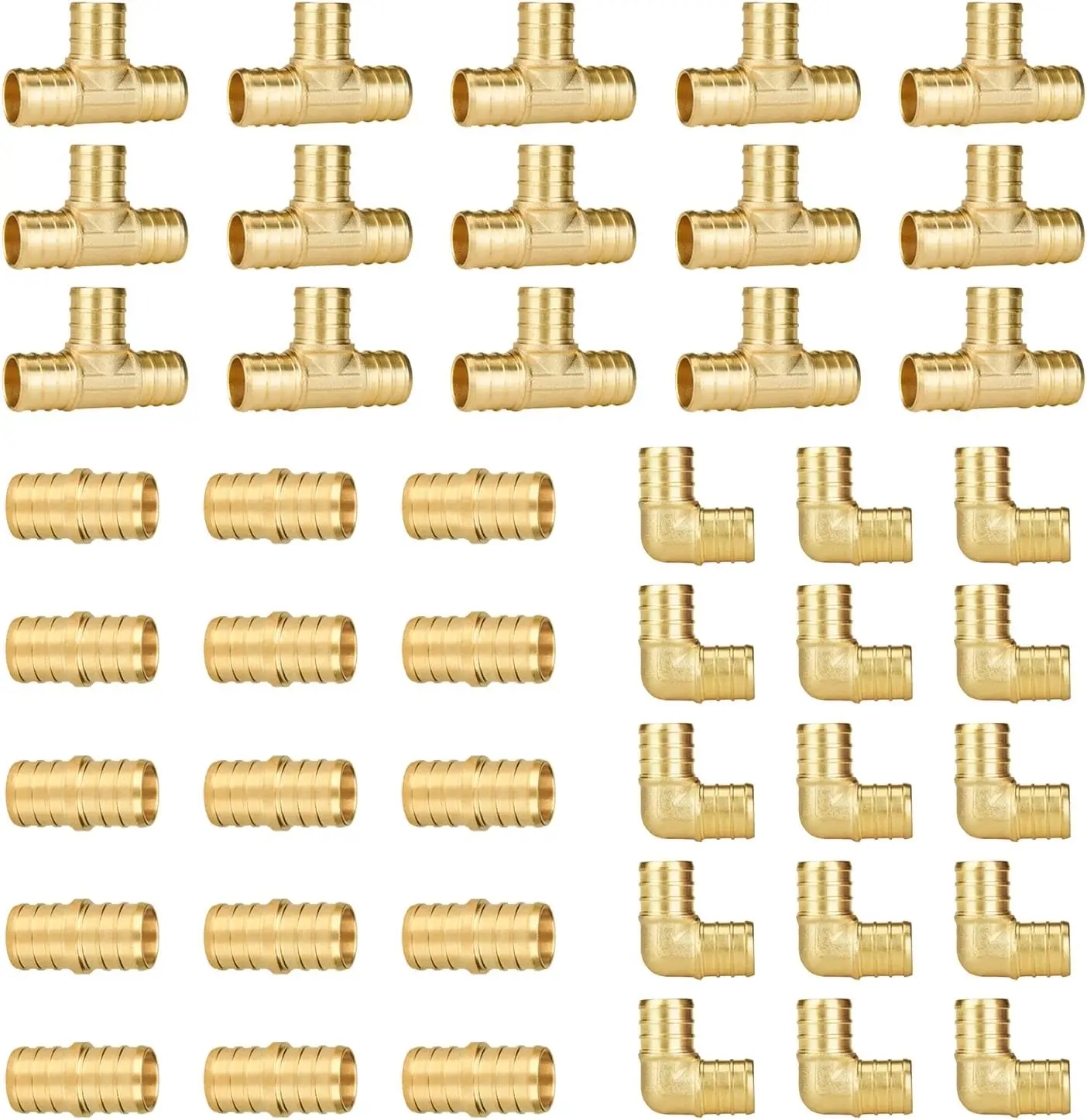 

45-Pack 3/4 Inch PEX Fittings Assortment, 15 Each Elbow Tee Coupling, No Lead Brass, UPC & NSF Certified
