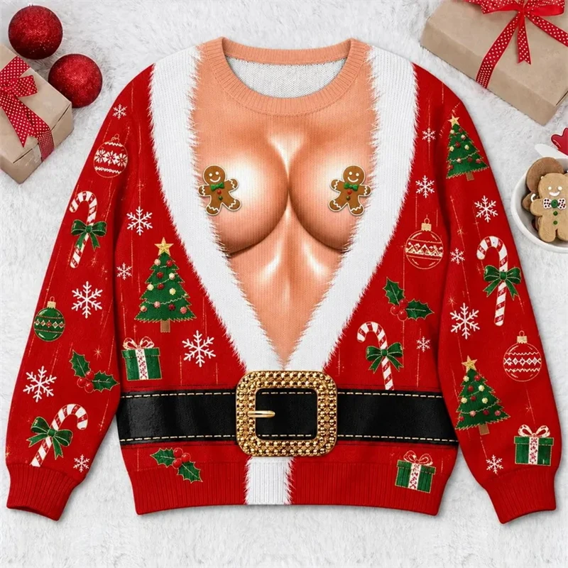 Lustiges Weihnachtsshirt mit Muskel-Weihnachtsmann-Motiv, 3D-Druck, hässlicher Pullover, Rundhalsausschnitt, lange Ärmel, Festtagskostüm, Herren- und Damen-Geschenk. – Detail 10