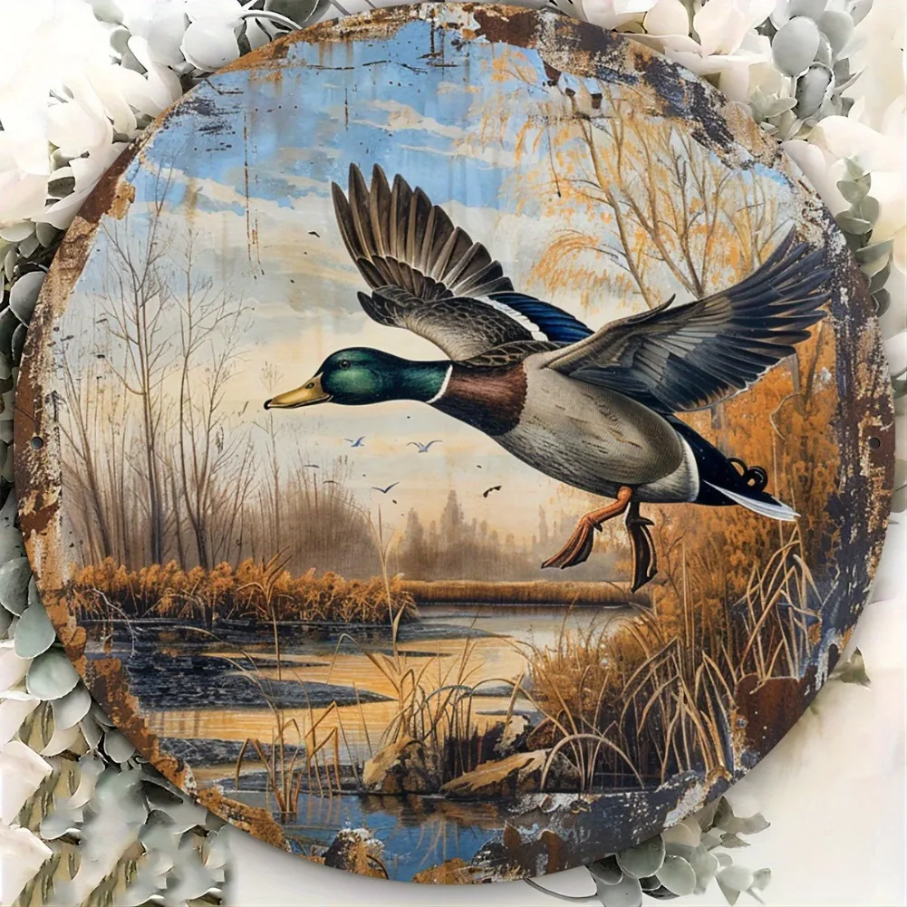 1pc Vintage Mallard Ducks by Reed River Aluminum Sign - 8x8 Inch Round Rustic Wall Decor for Home, Cafe, Restaurant
