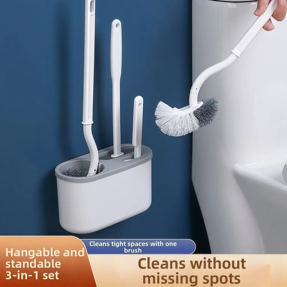 

3PCS 3-in-1 Toilet Brush Set 360° Cleaning with Storage Box Corner Gap Brush Set Silicone Wall-Mounted Toilet Cleaning Brush Set