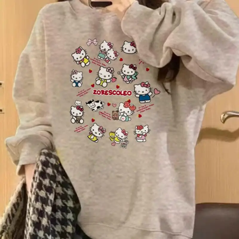 Kawaii مرحبا كيتي الطازجة لطيف النمط الأمريكي الرجعية ربيع الخريف كلية كل مباراة إضافة المخملية هوديي طويلة الأكمام تي شيرت فتاة