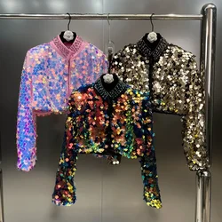 Spring Autumn Women Stand Collar Diamonds Embroidery Blazers Coat Sequins rhinestones Beaded Short Jacket Beaded Cardigan Party