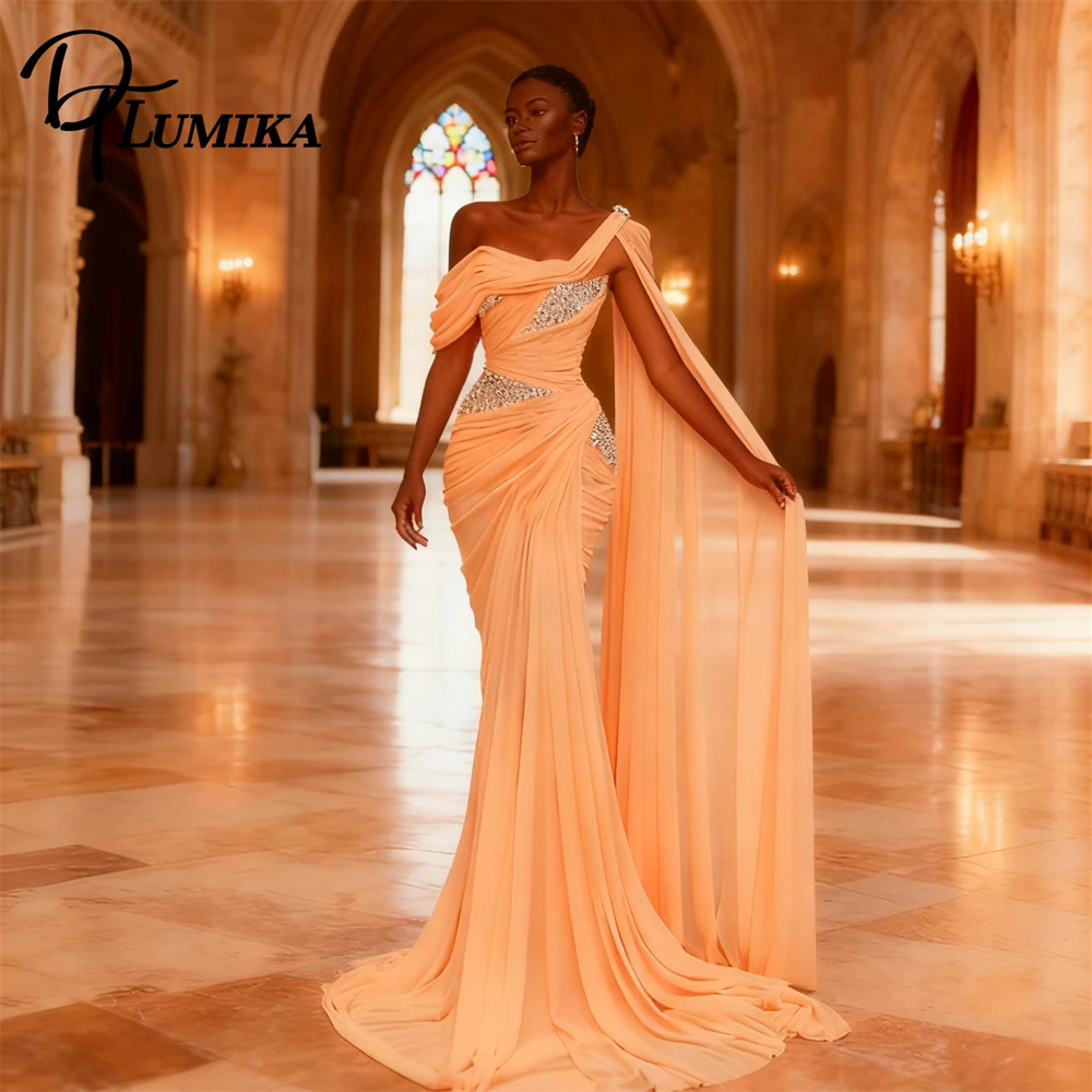 Suknia wieczorowa DTLumika Peach z jednym ramiączkiem, drapowanym płaszczem, cekinami, plus size, zwiewna szyfonowa suknia balowa, damska suknia na formalne przyjęcie.