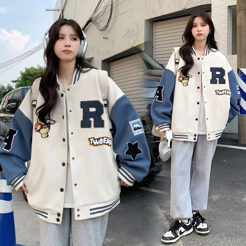 New Autumn and Winter Padded Baseball Jersey Women American Retro Loose Sweater Women Jacket