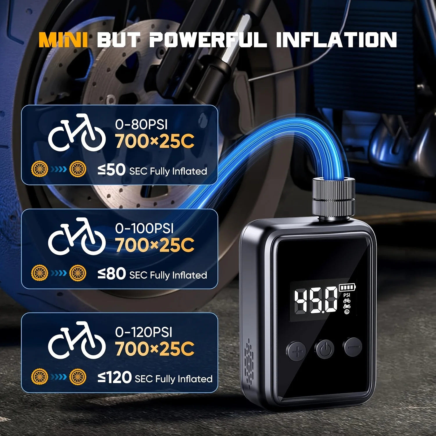 

Portable Cordless Bike Pump with Rechargeable Battery - 120 PSI