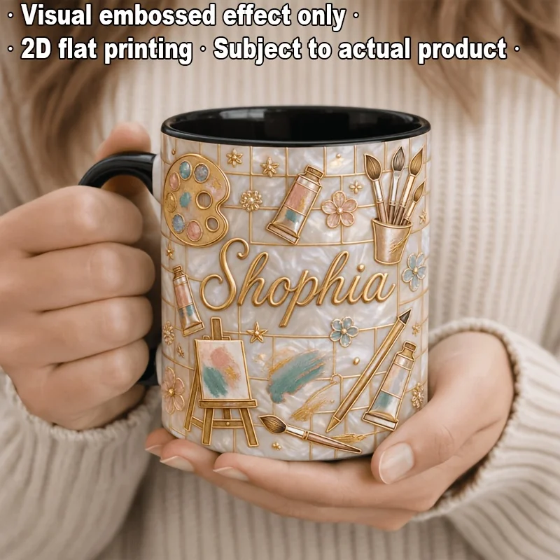 Custom 11oz White Ceramic Mug with Black Rim Handle Gold Foil Lettering Pearl Easel Palette Print Gift for Artist Teacher view 4