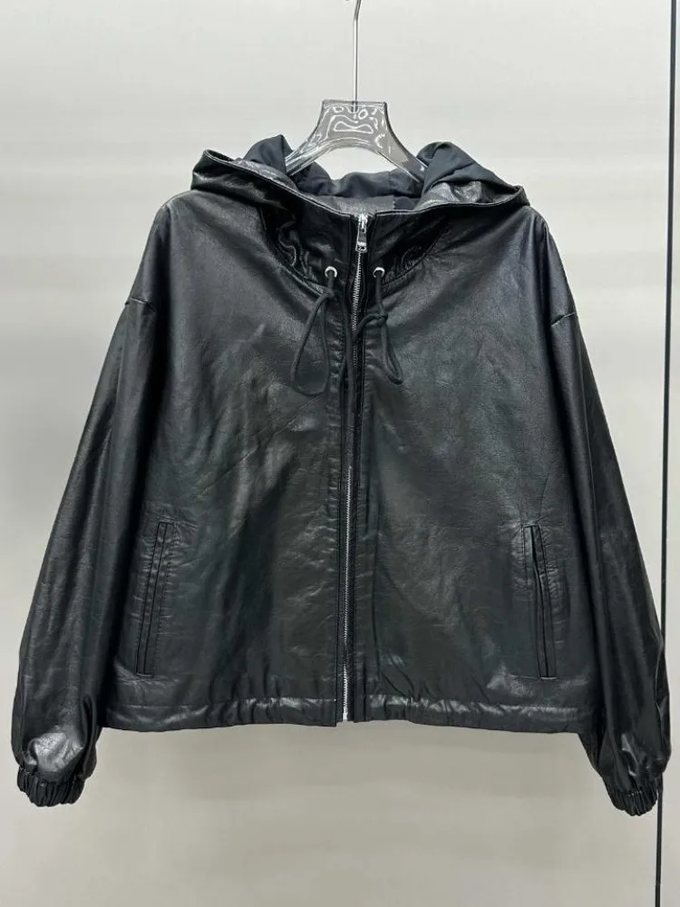 Veste à capuche en cuir véritable pour femme, Style loisirs, couleur unie, peau de vache, manches longues, fermeture éclair ample, vêtements d'extérieur à la mode