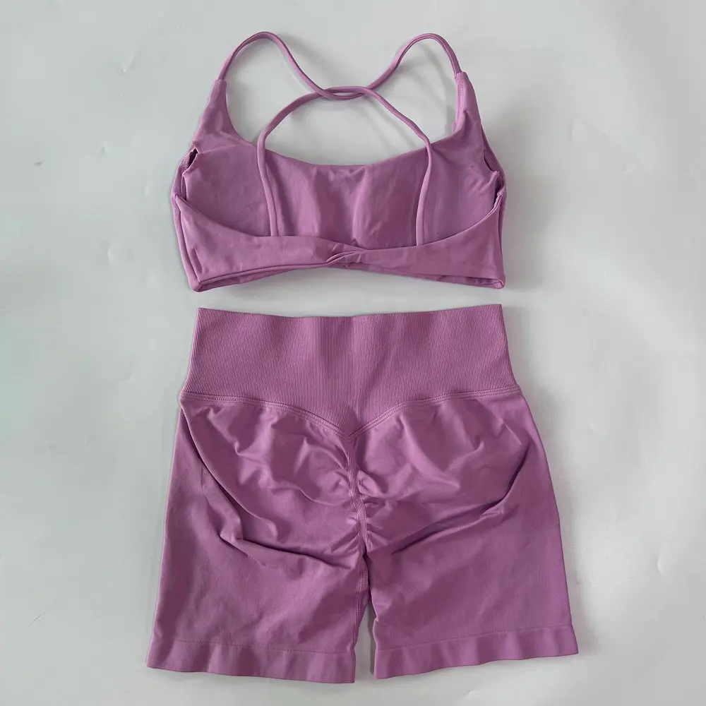 2-teiliges Set Damen-Outfit, nahtloser Yoga-BH mit Riemchen und Twist-Rücken, Scrunch-Shorts, Sportanzug, Fitness- und Gym-Kleidung, Yoga-Set – Detail 16