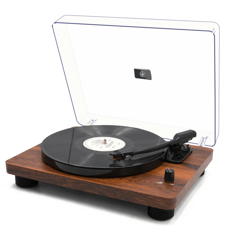 

3 Speed BT Enabled Wood Grain Turntable with Dust Cover Vintage Record Player with Built-in Stereo Speakers for Home