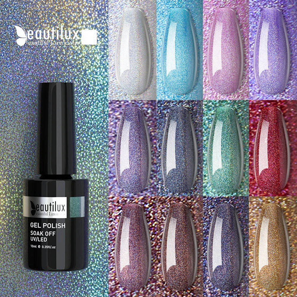 Beautilux Holographic Nail Gel Polish Soak Off UV LED Luxurious Nails Art Gels Varnish Semi Permanent Nail Lacquer Manicure 10ml