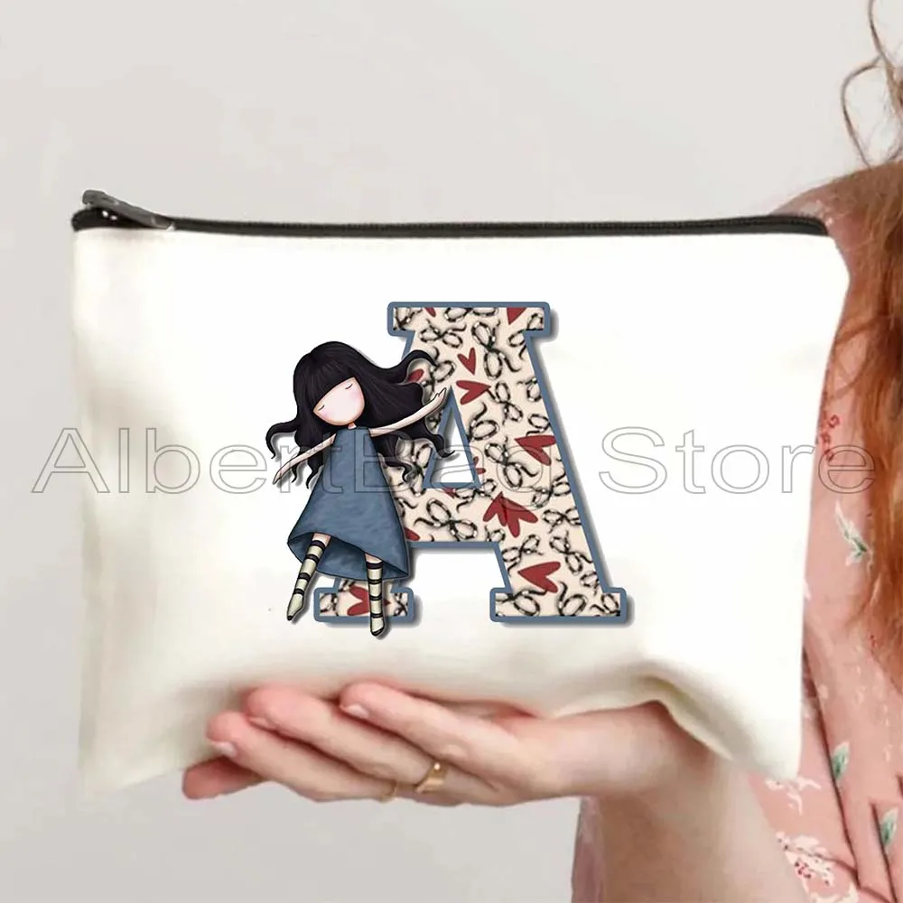 Lovely Alphabet Initial Letter Cartoon Girl Santoro Books Lover Gorjuss Doll Cosmetic Bags Makeup Toilet Bag Pencil Case Pouch