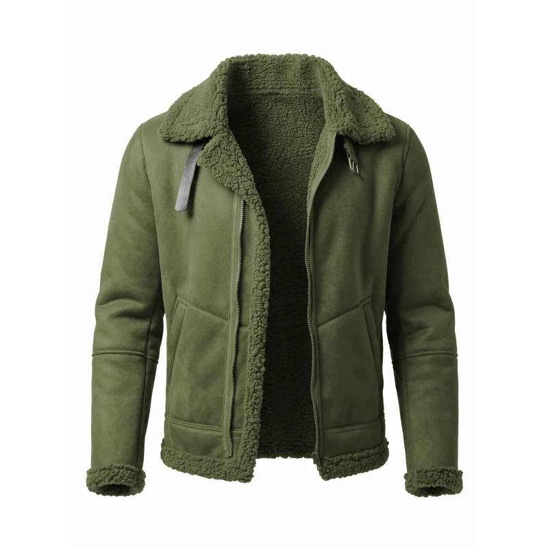 Herren-Winterjacke aus Kunstwildleder mit Fellkragen | Winddichter Streetwear-Mantel mit Gürtel und Reißverschluss | Dicke, warme Wanderkleidung für den Außenbereich, weich, für Herren – Detail 8