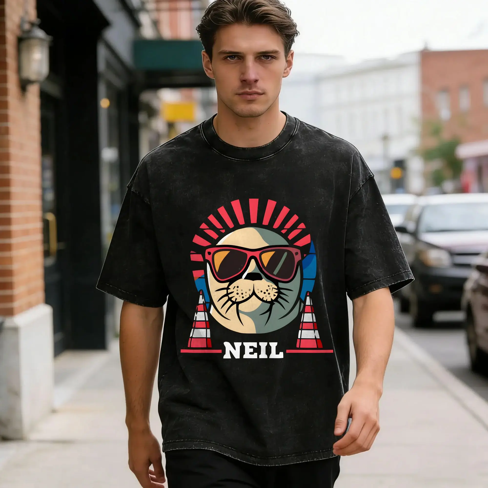 Vintage Washed T-Shirt Neil the Seal  Cotton T-Shirts  Hipster Tee Shirt for Man Summer Y2K Classic Print Tees