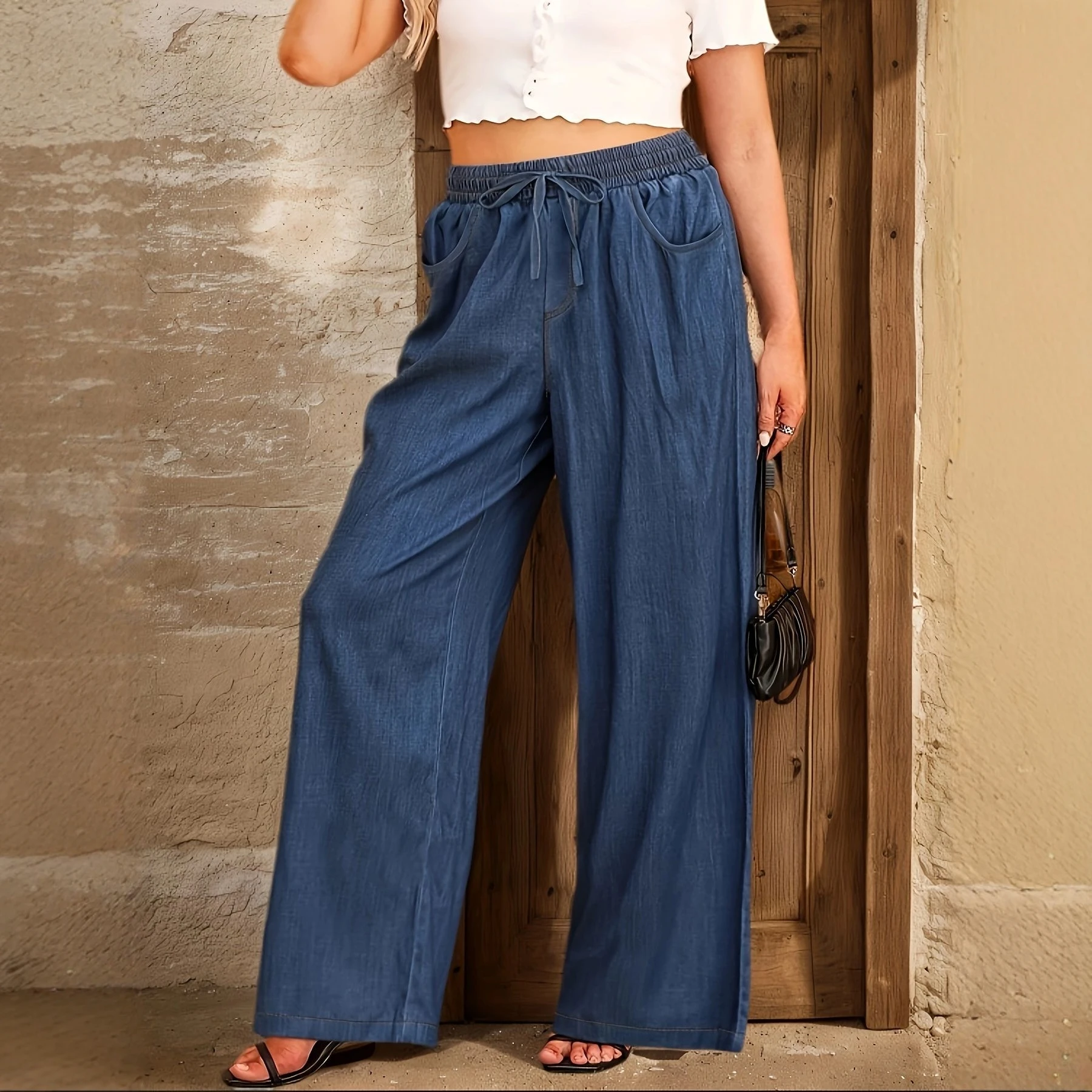 Women Lmitation Denim Wide Leg Jeans High Waist Drawstring Loose Trousers Casual Soft Summer Spring Jean Bottoms