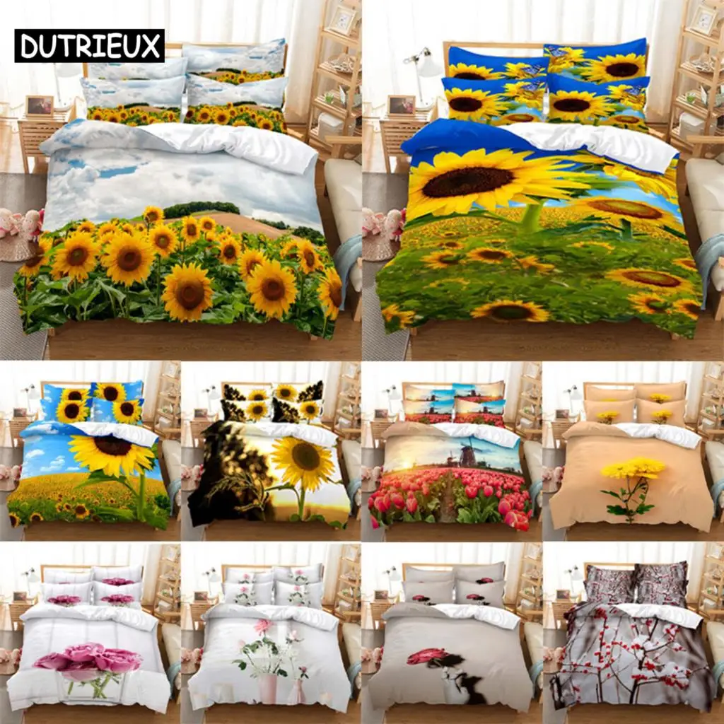 3D HD Flower Quilt Cover Pillow Case Rose Sunflower bed Set Linen Duvet Tulip King Queen Twin Single Double 3PCS 2PCS Textile