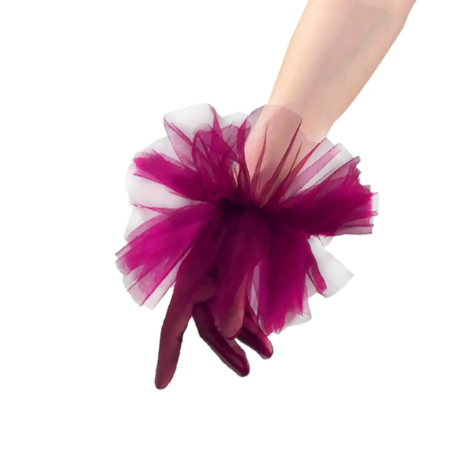 

Women Burgundy Fashion Ruffle Tulle Gloves Clown Cuffs Wrist Short Touchscreen Dressing Evening Tea Party Flapper Nightclub