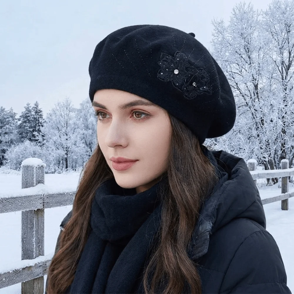 Casual Solid Color Flower Wool Beret Rhinestone Soft French Style Painter Cap Multi-Color Warm Beret Hat Daily Use