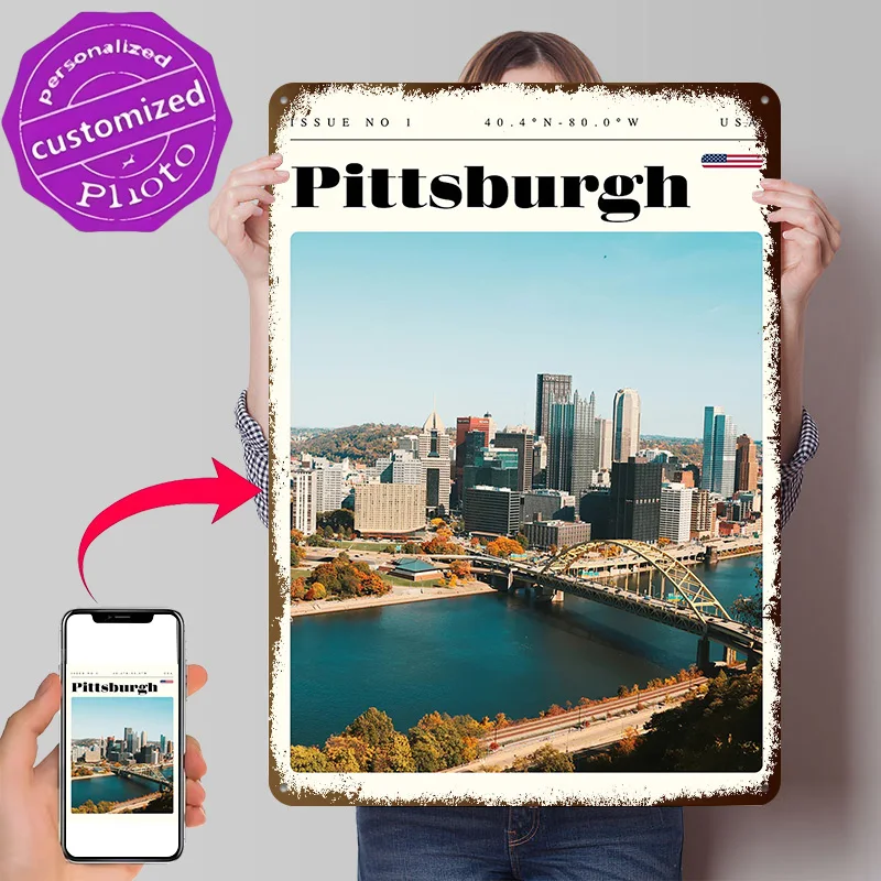 Pittsburgh Pennsylvania Travel Art Personalized 3D Textured Metal Poster Wall Art Vintage Tin Signs for Home Decor House Items