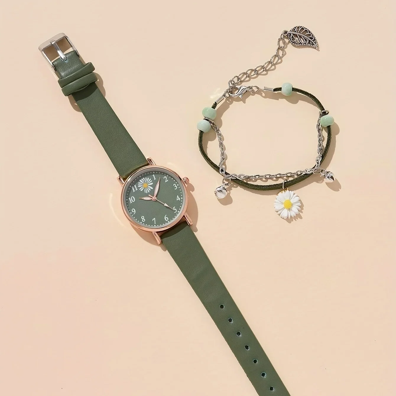 1pc Round Pointer Quartz Watch Cute Daisy Charm Electronic Wristwatch With PU Leather Strap & 1pc Bracelet, Best Gift For Her image 3