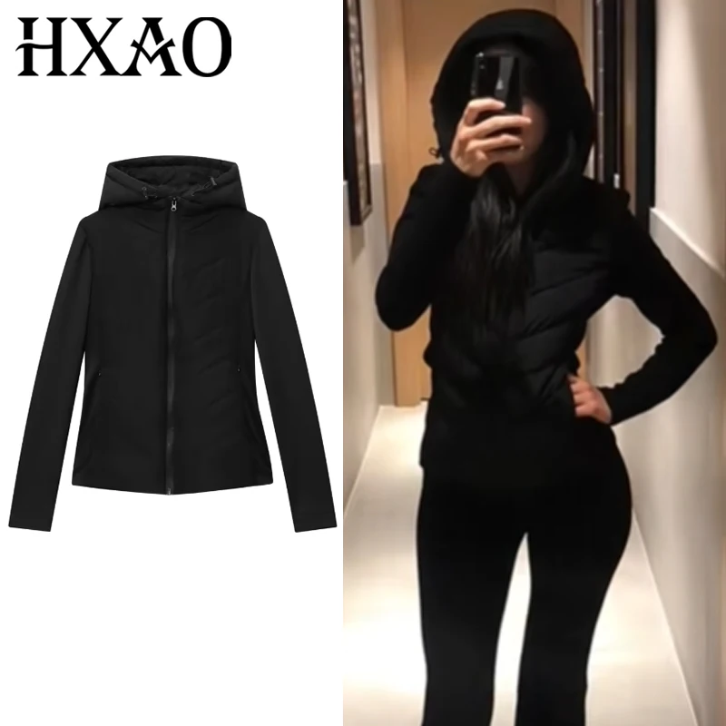 HXAO Czarna Pikowana Kurtka Damska Pół-Sezonowa Krótka Zapinana na Zamek Kurtka z Długim Rękawem Krótka Ocieplana Kurtka Slim z Kapturem Lekka i Ciepła Odzież Wierzchnia