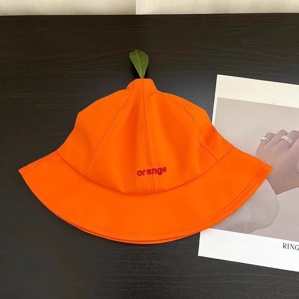 

Quick-dry Orange Fisherman Hat Cool Cotton Creative Orange Bucket Cap Big Brim UV Protection Embroidered Letter Sun Hat Fishing