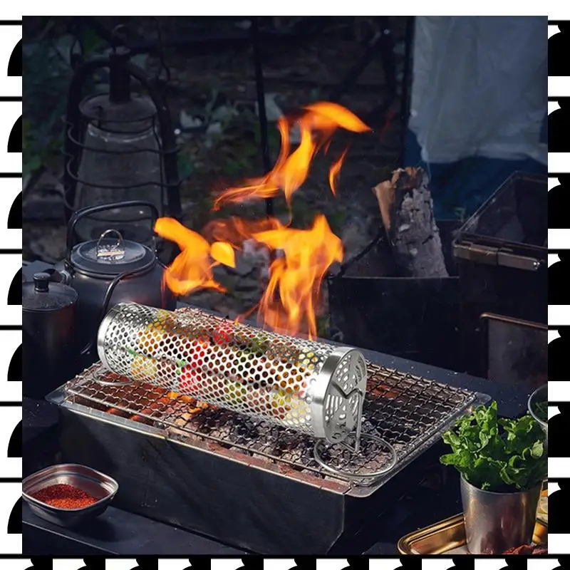 

A44U 2PCS Barbecue Rolling Grill Basket BBQ Net Tube Grill Basket Campfire Grid Travel Camping Picnic BBQ Accessories