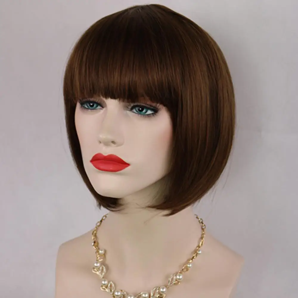 Brown Remy Straight  Hair Bob Wigs With Bangs Short Bob With Dark Roots Cosplay Wig Brazilian Human Hair Wig Heat Resistant Wigs