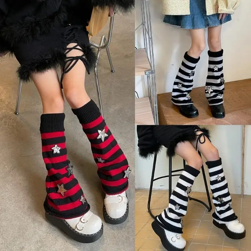 L5YC Women Knitted Leg Warmers Harajuku Warm Foot Cover-Star Striped Leg Warmers