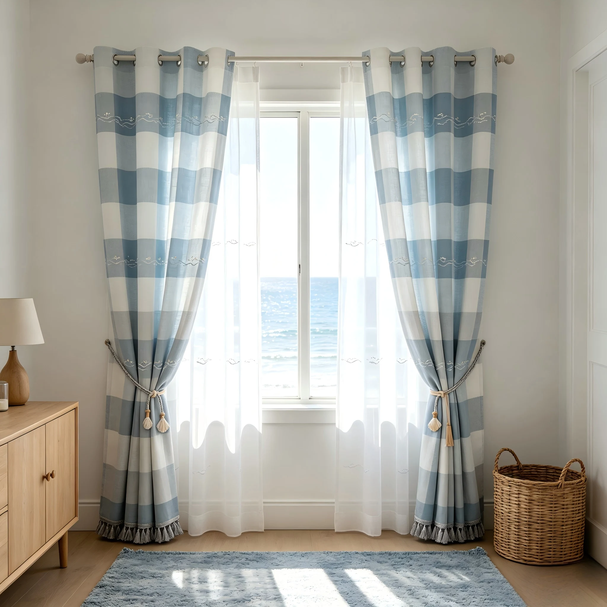200365   Mist blue x gray white blue checkered gauze curtain curtain