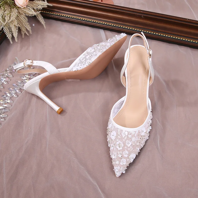 

2025 Summer Lace Floral Wedding Shoes Women Back Strap High Heel Bridesmaid Sandals for Women French Party Heels Sandalias Mujer