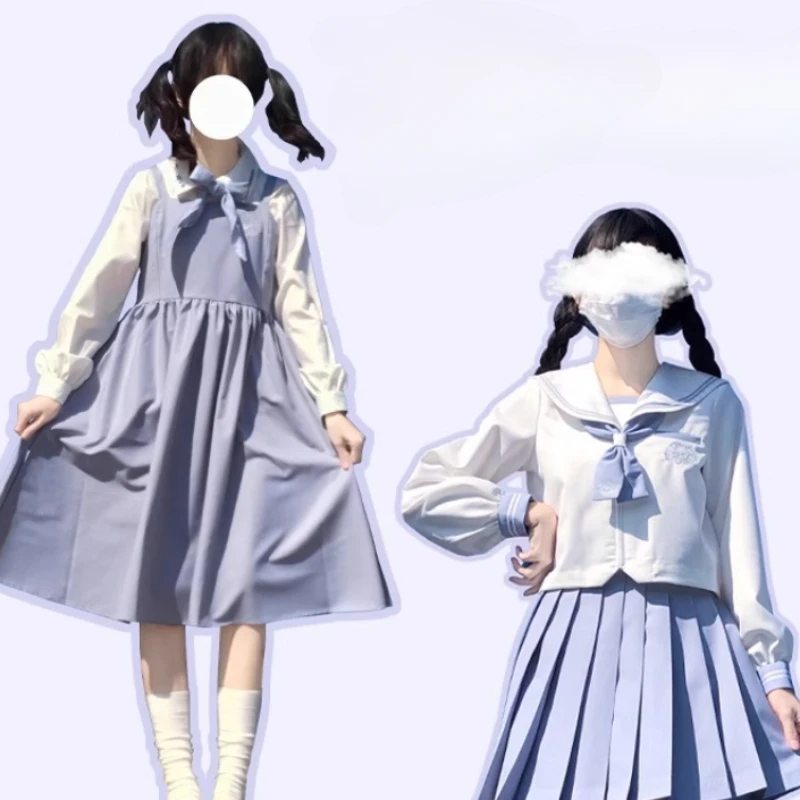 Japanese JK Uniform College Style Sailor Collar Top Outfits Blue White Color Matching Suit Short Sleeves Blusas Skirt Set Female