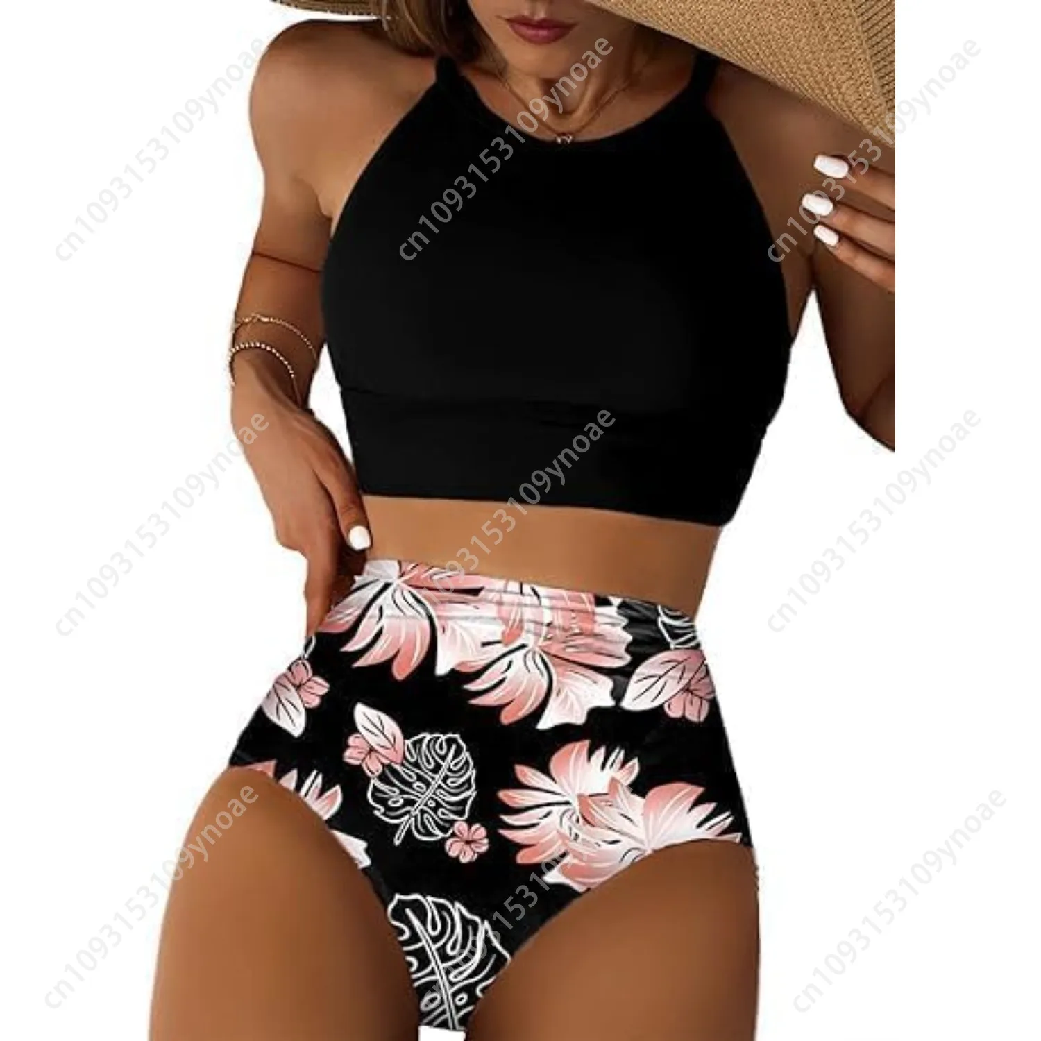 

Tropical Leaves Print Bikini Sexy Women High Collar Two Piece Swimsuits Camisole High Waist Thong Sporty Two Piece Swimsuit