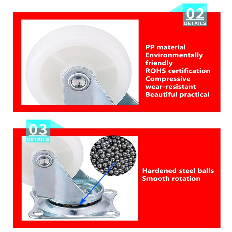 4 Pcs/Lot Casters Spot 1.5 Inch White Pp Screw Brake Wheel M6 Caster Diameter 40mm Small For Shelf