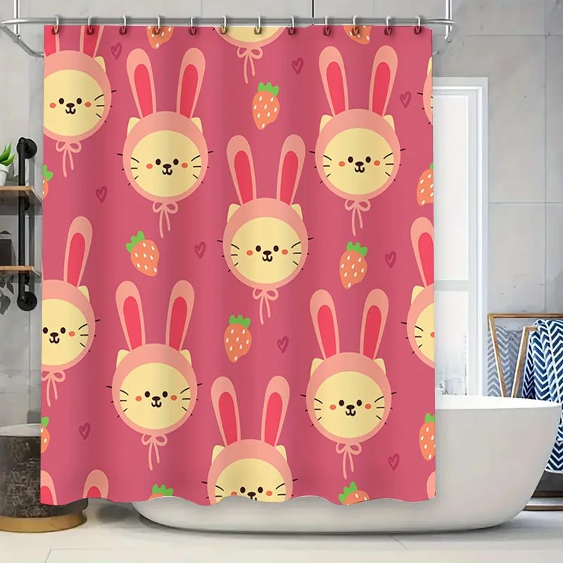 

Cute Cartoon Bunny Rabbit Design Shower Curtain for Bathroom Decor Home Supplies Accessories Pink Color with Strawberry Heart Pa