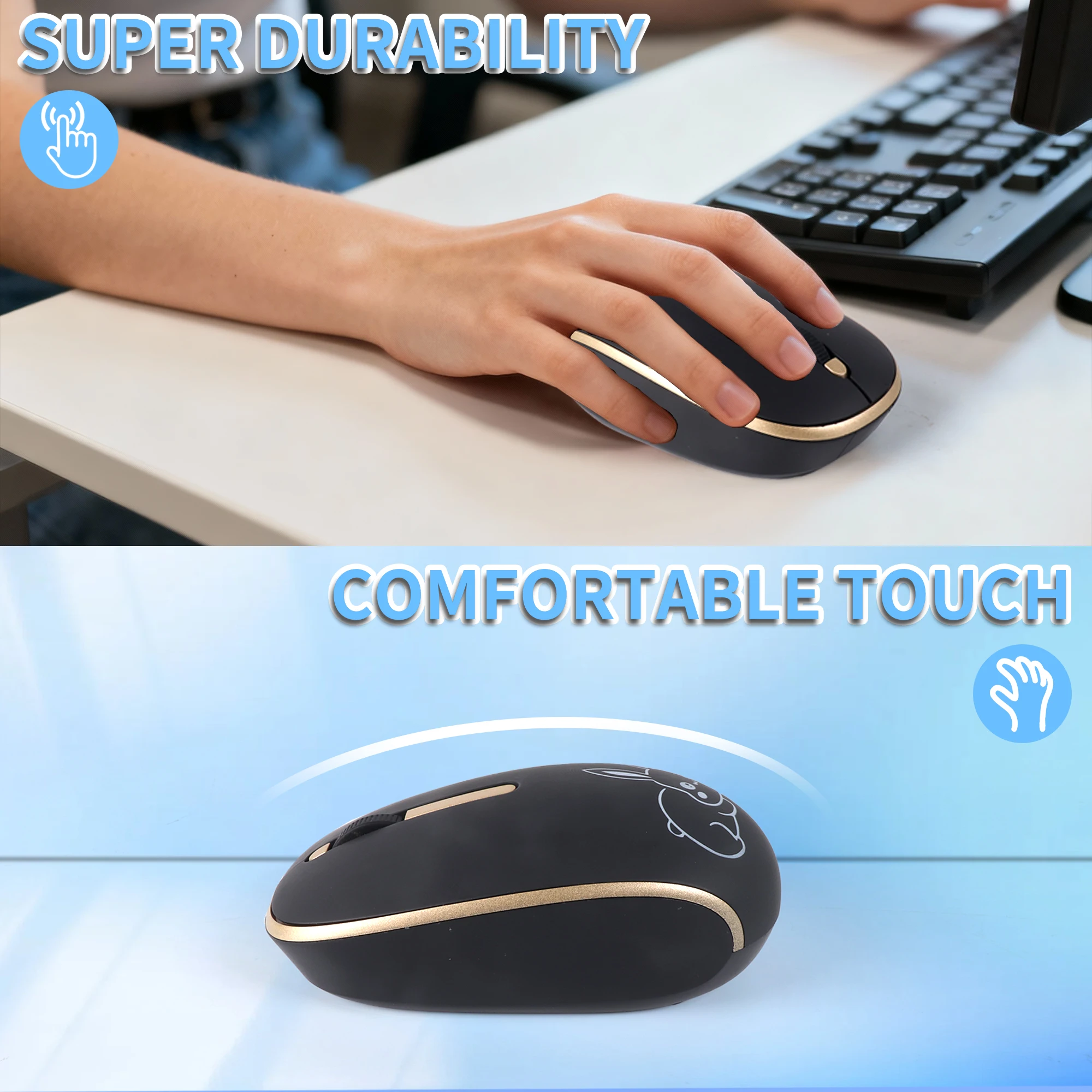 

Cute Rabbit 2.4G Wireless Silent Mouse USB+Type C Dual Receiver Mute Click Ergonomic Portable Office Mice for Laptop PC Tablet