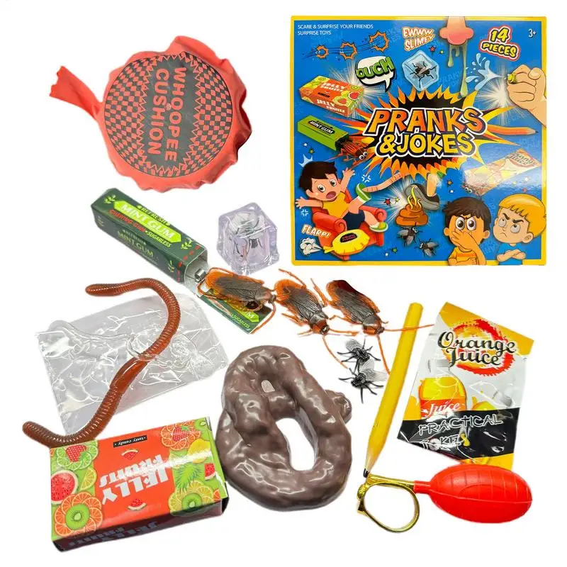 Funny Trick Joke Toys Box April Fools Prank Stuff Noise Maker Joke Box Set Simulation Fake Rubber Prank Kit For children