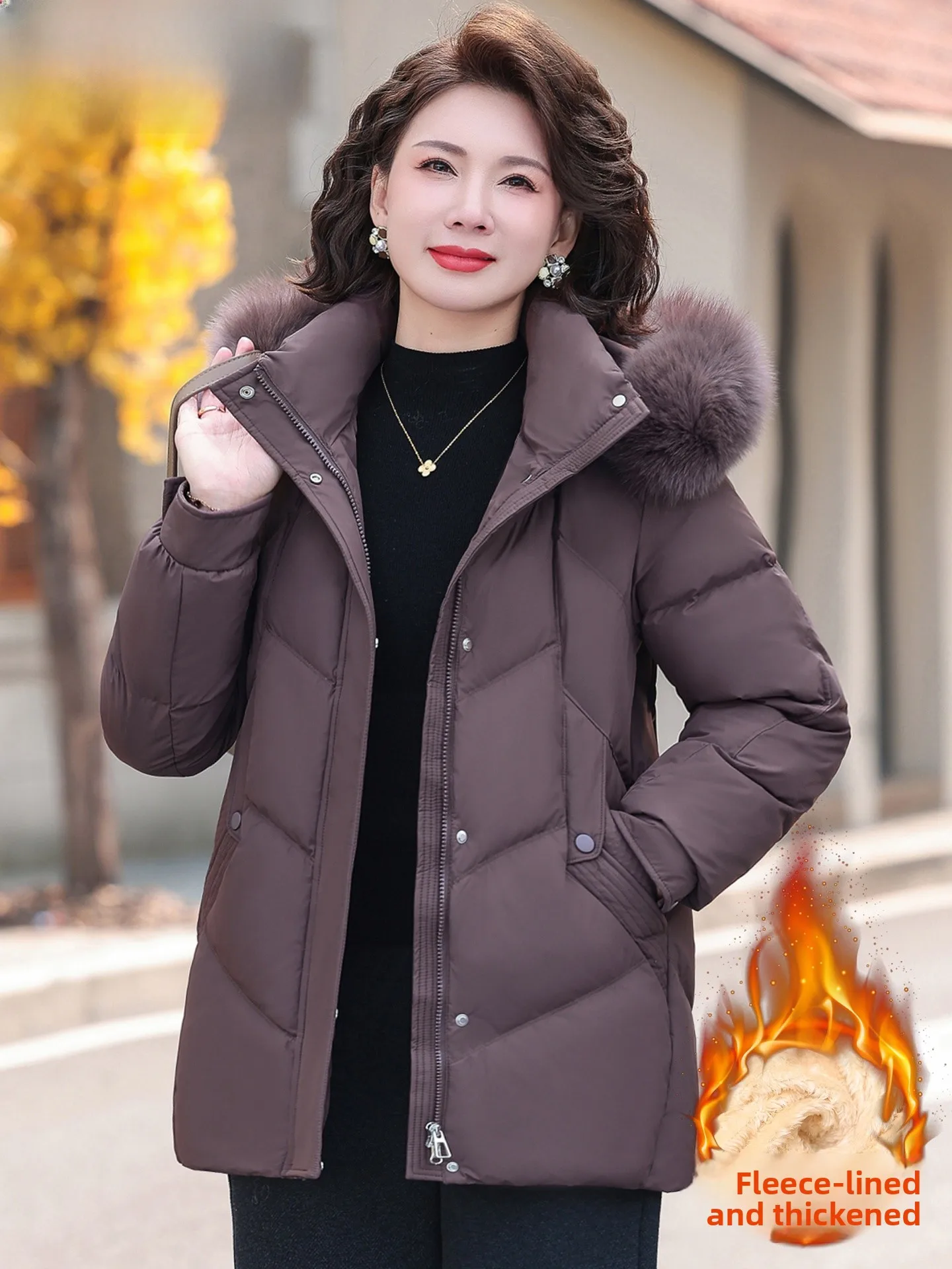 

Thiened down Cotton Jaet Women's Mid-Length Coat Warm Casual Sle Polyester Fiber Vesent for Middle-Aged And ly