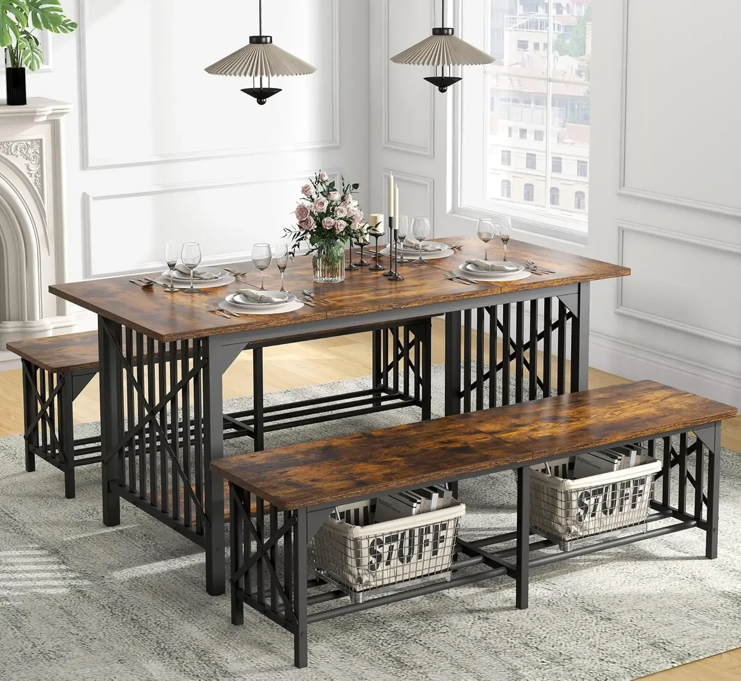63" Dining Room Table with 2 Benches, Industrial Rectangular Dining Room Table Set with Storage for Kitchen